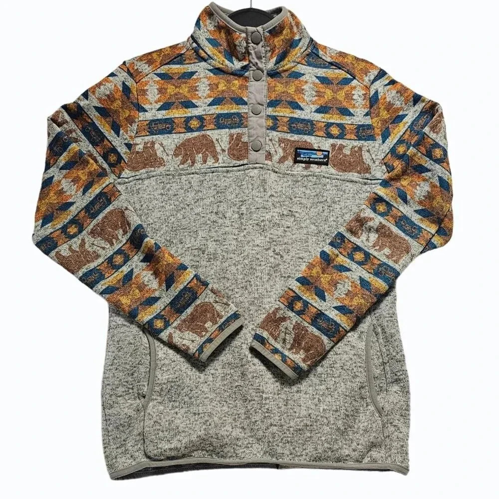 SIMPLY SOUTHERN Pullover Bear Aztec Southwestern Snap Neck Womens Small
